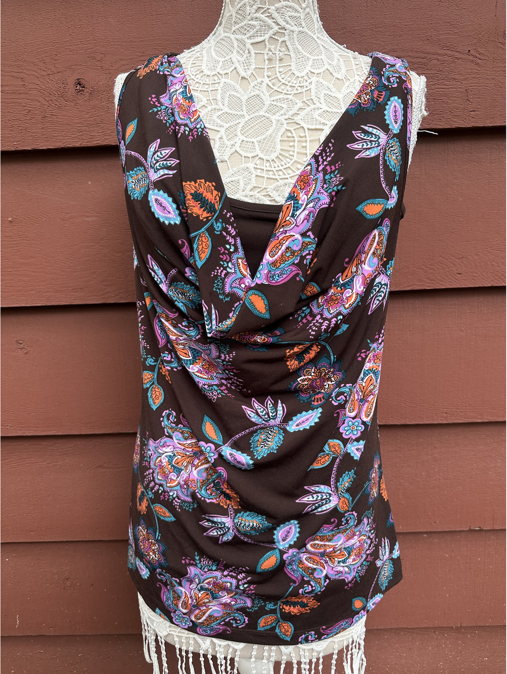 Maurices Studio Y Vintage Y2K Paisley Mesh Layered Top Brown Purple